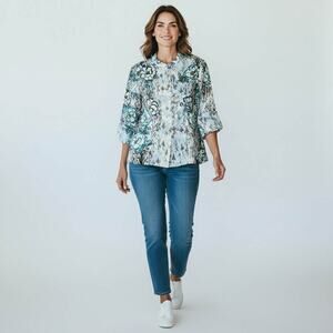 Vintage Citron Santa Monica Blouse Silk Long Sleeve Blue Floral Women’s Size PL